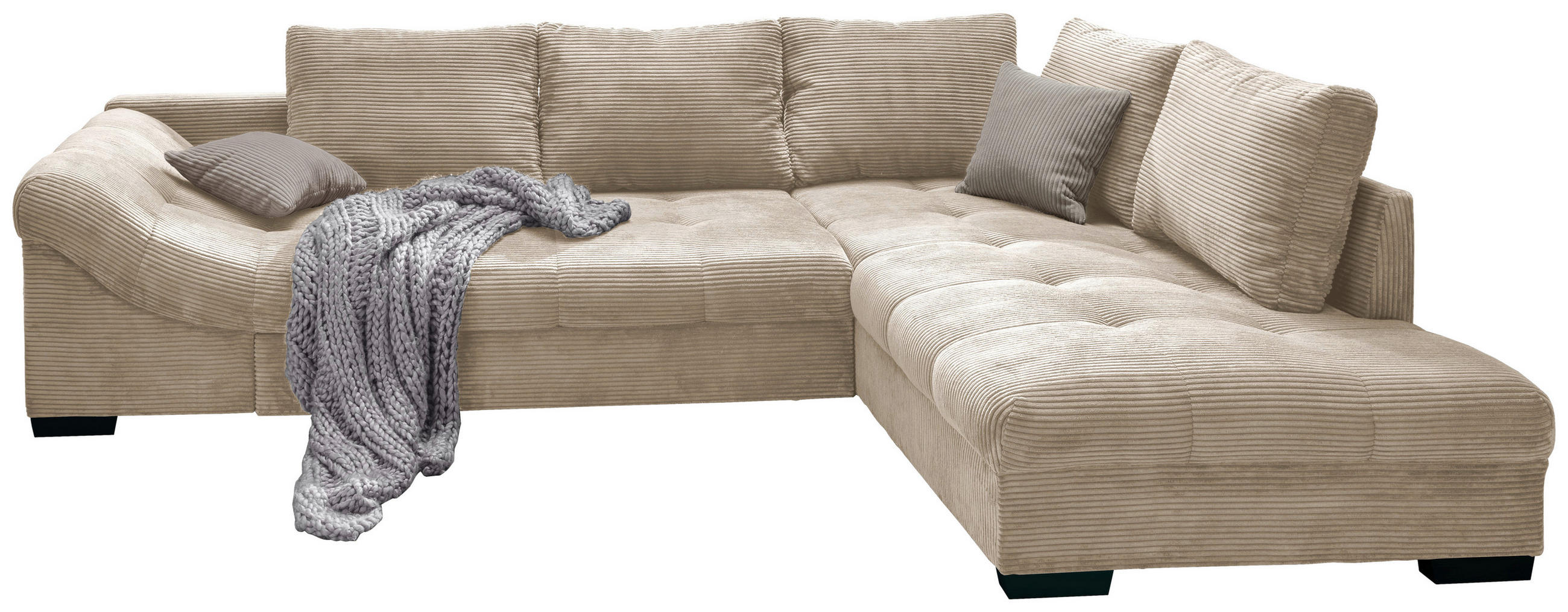 ECKSOFA Beige Cord Zierkissen, Rückenkissen, Schlaffunktion, Rücken echt, Liegefläche im Originalstoff  - Beige/Schwarz, Design, Holz/Textil (298/202cm) - P & B