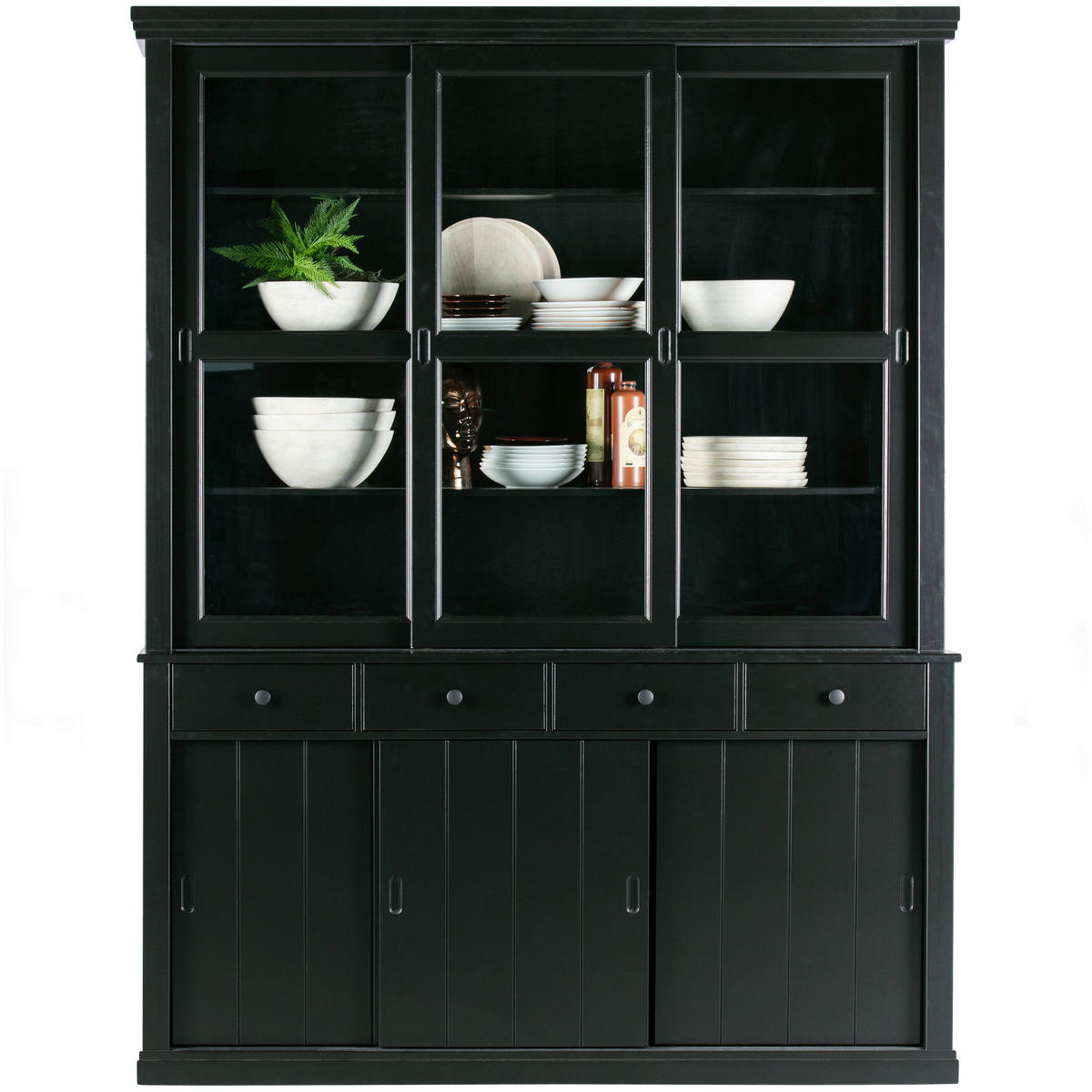 VITRINE  in vollmassiv Kiefer Schwarz  - Schwarz, Design, Glas/Holz (166/214/48cm) - Livetastic