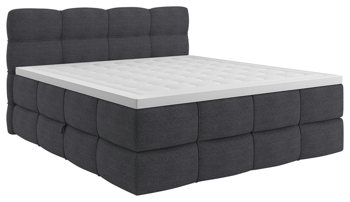 BOXSPRINGBETT 180/200 cm,  in Dunkelgrau, gepolstertes Kopfteil, Bettkasten, Topper, Matratzen, H3 + H3 = fest  - Dunkelgrau/Schwarz, Design, Kunststoff/Textil (180/200cm) - Chameo