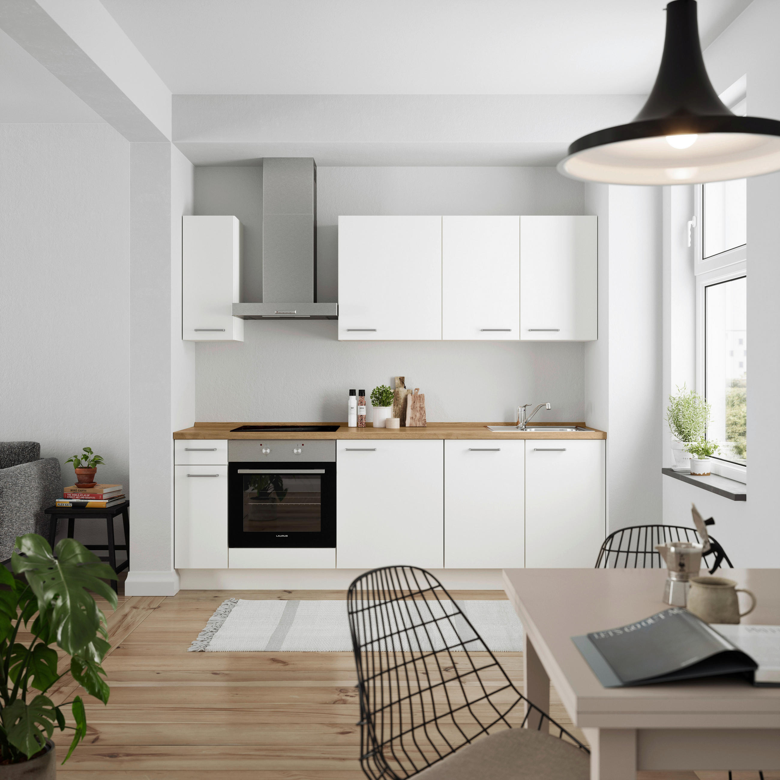 KÜCHENBLOCK 240 cm   in Weiß, Eichefarben  - Edelstahlfarben/Eichefarben, MODERN, Holzwerkstoff/Metall (240cm) - Nobilia