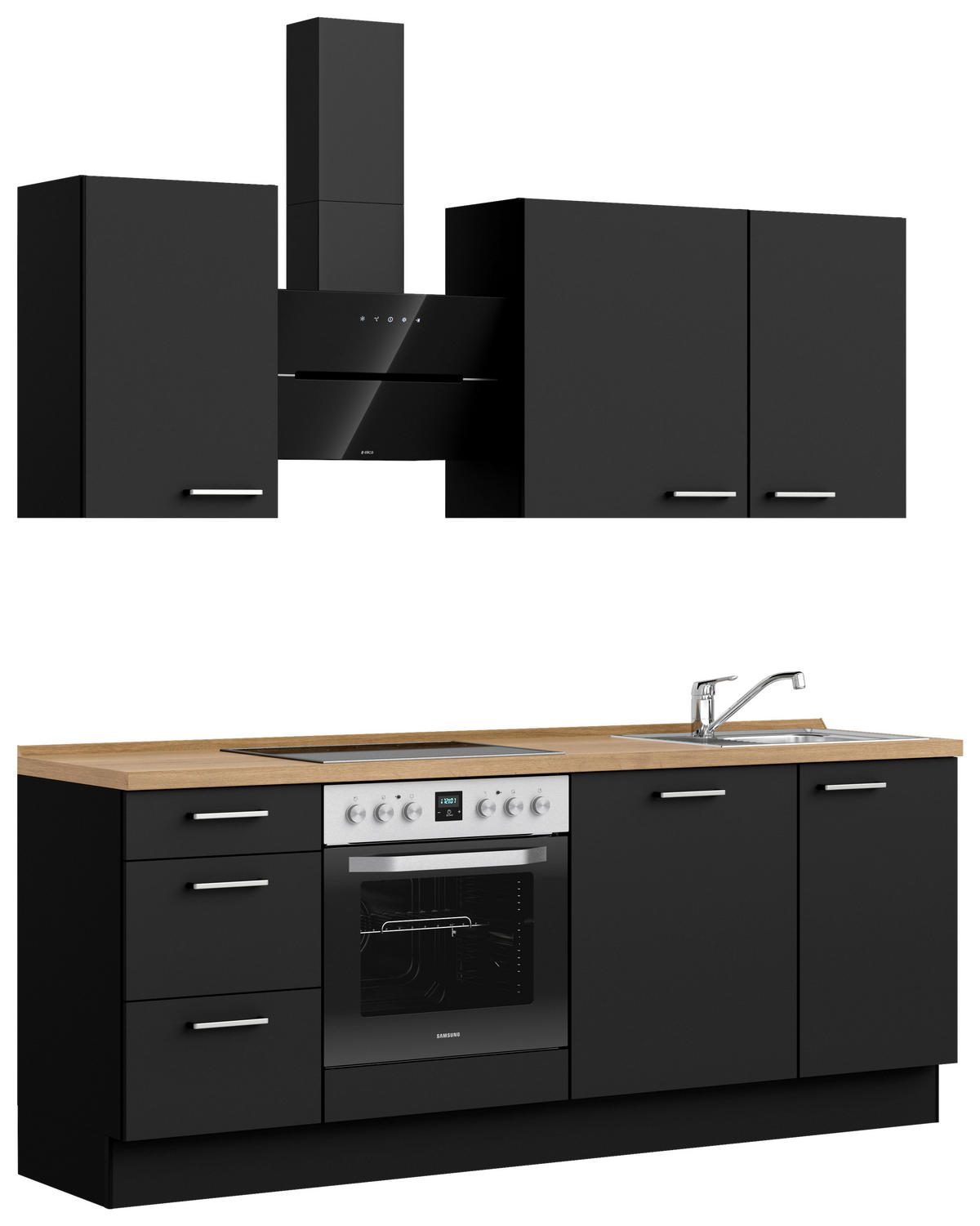 KÜCHENBLOCK 210 cm   in Schwarz, Eichefarben  - Edelstahlfarben/Eichefarben, MODERN, Holzwerkstoff/Metall (210cm) - Nobilia