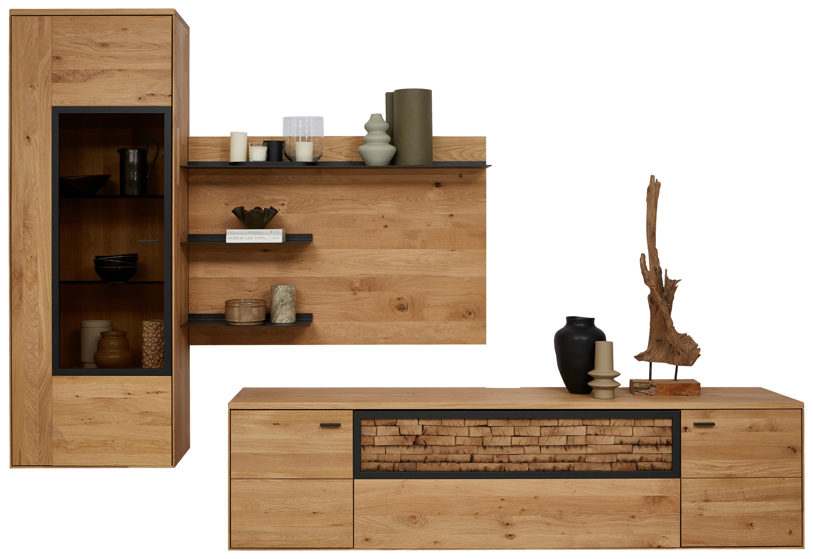 WOHNWAND  in Wildeiche  293,8/207,1/37,1 cm  - Wildeiche/Graphitfarben, Natur, Glas/Holz (293,8/207,1/37,1cm) - Valnatura