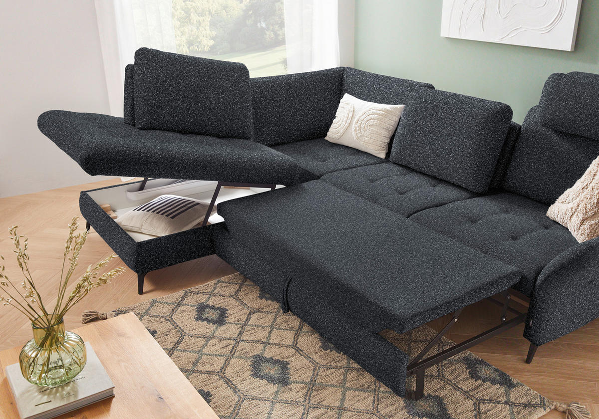 ECKSOFA in Bouclé Schwarz  - Schwarz, Natur, Textil/Metall (233/288cm) - Valnatura