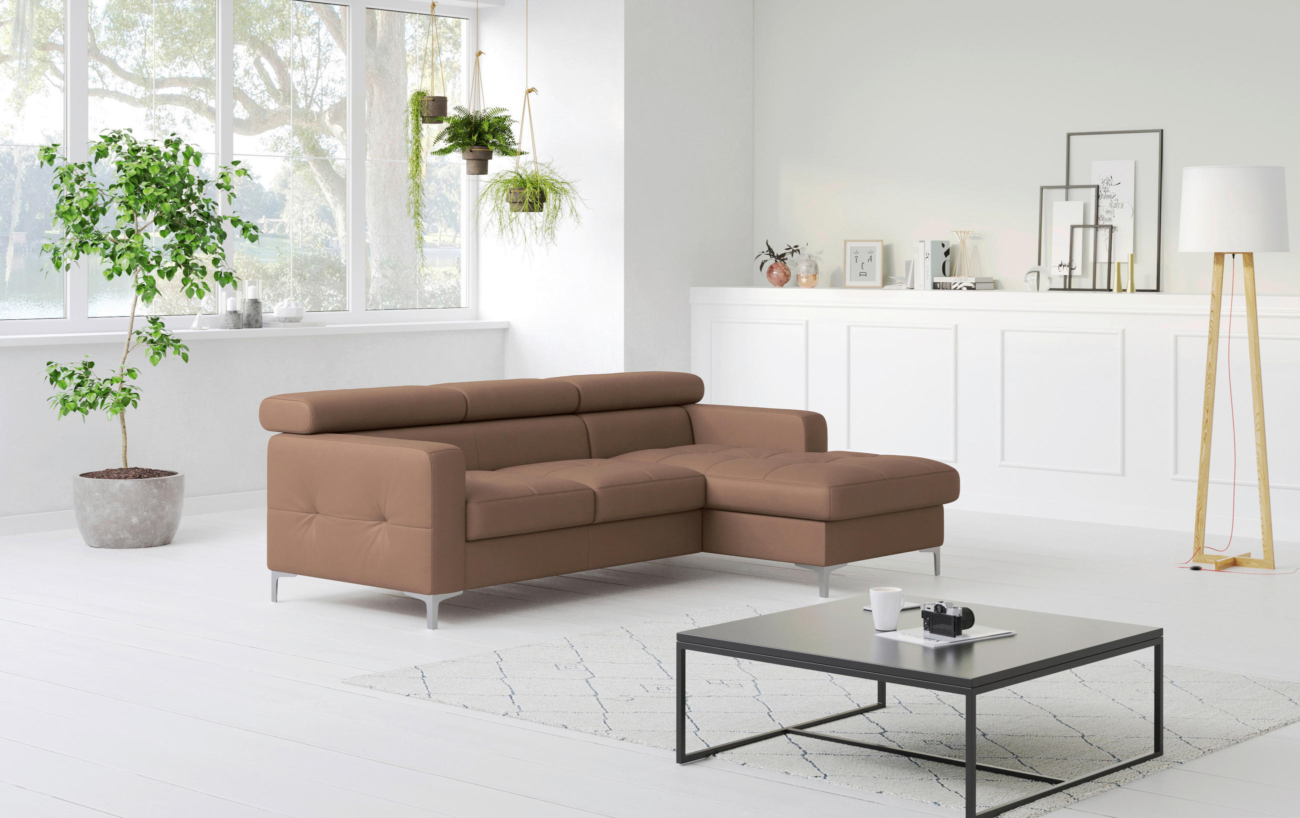 ECKSOFA in Echtleder Cappuccino  - Chromfarben/Cappuccino, Design, Leder/Metall (227/168cm) - Livetastic