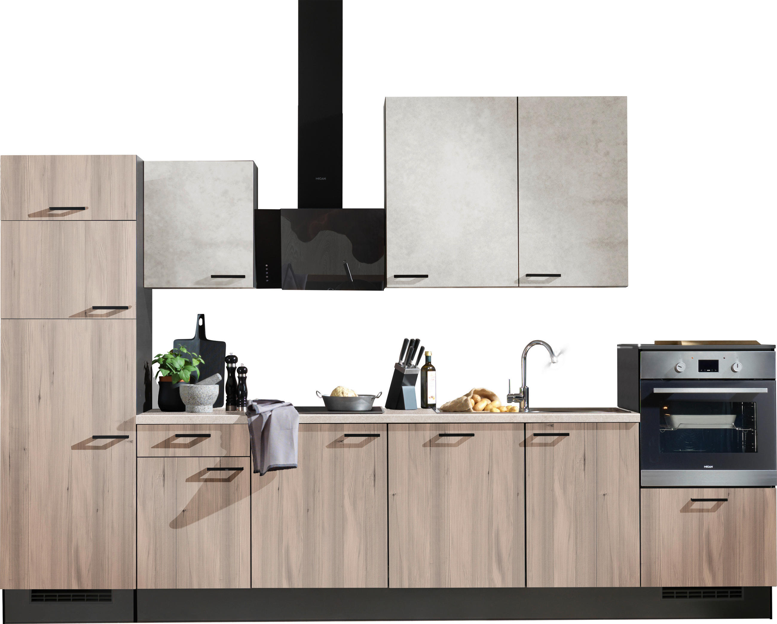 KÜCHENLEERBLOCK 340 cm   in Grau, Weiß, Tannenholzfarben  - Tannenholzfarben/Schwarz, Design, Holzwerkstoff/Metall (340cm) - Xora