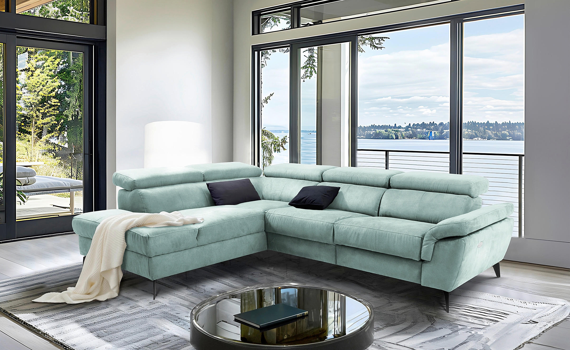 ECKSOFA Lederlook Hellblau  - Schwarz/Hellblau, Design, Textil/Metall (210/265cm) - Livetastic