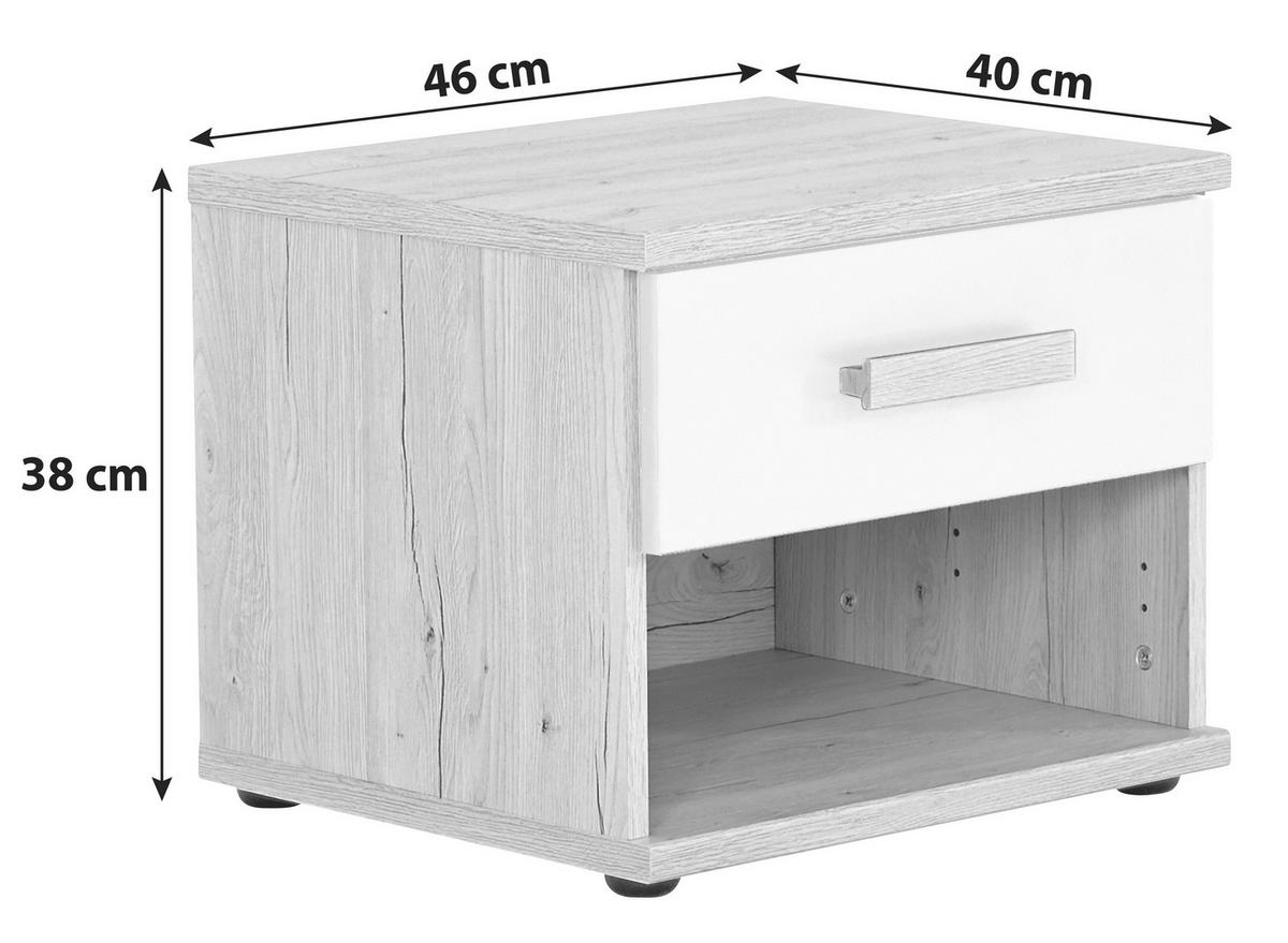 NOČNÍ STOLEK, bílá, barvy dubu, 46/38/40 cm - šedá/bílá, Design, kompozitní dřevo/plast (46/38/40cm) - MID.YOU