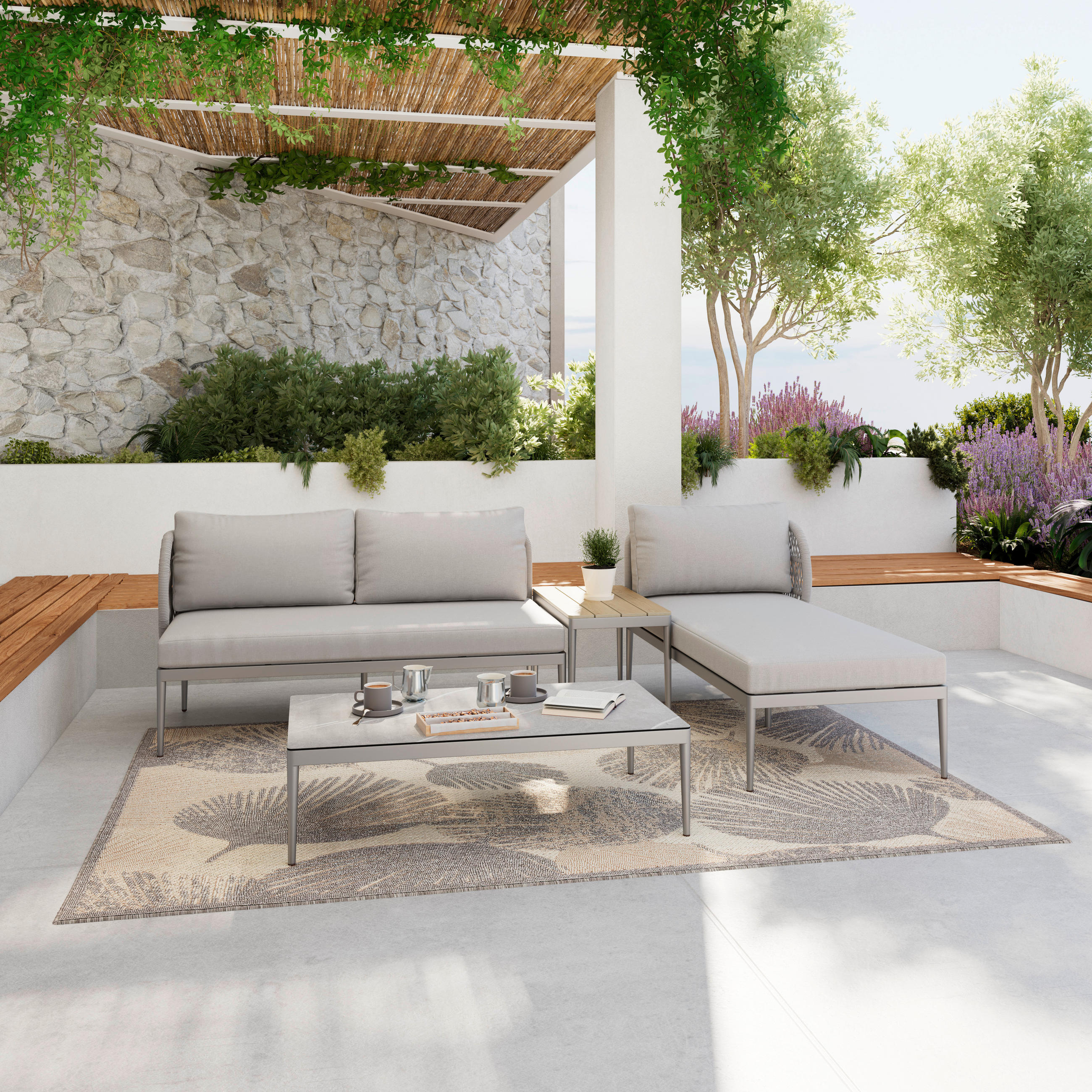 Ambia Garden TERASOVÁ SEDACIA SÚPRAVA 4-dielne, kov, plast, sklo, textil.