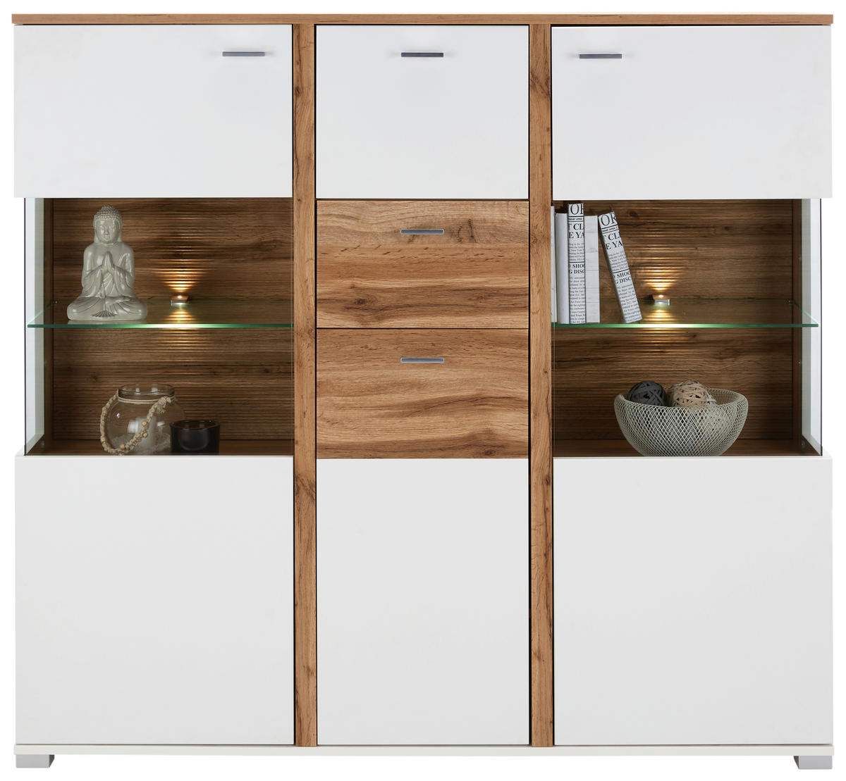 VISOKA KOMODA   142/131/37 cm   bela, boja hrasta  - boja hroma/boja hrasta, Moderno, metal/pločasti materijal (142/131/37cm) - Hom`in