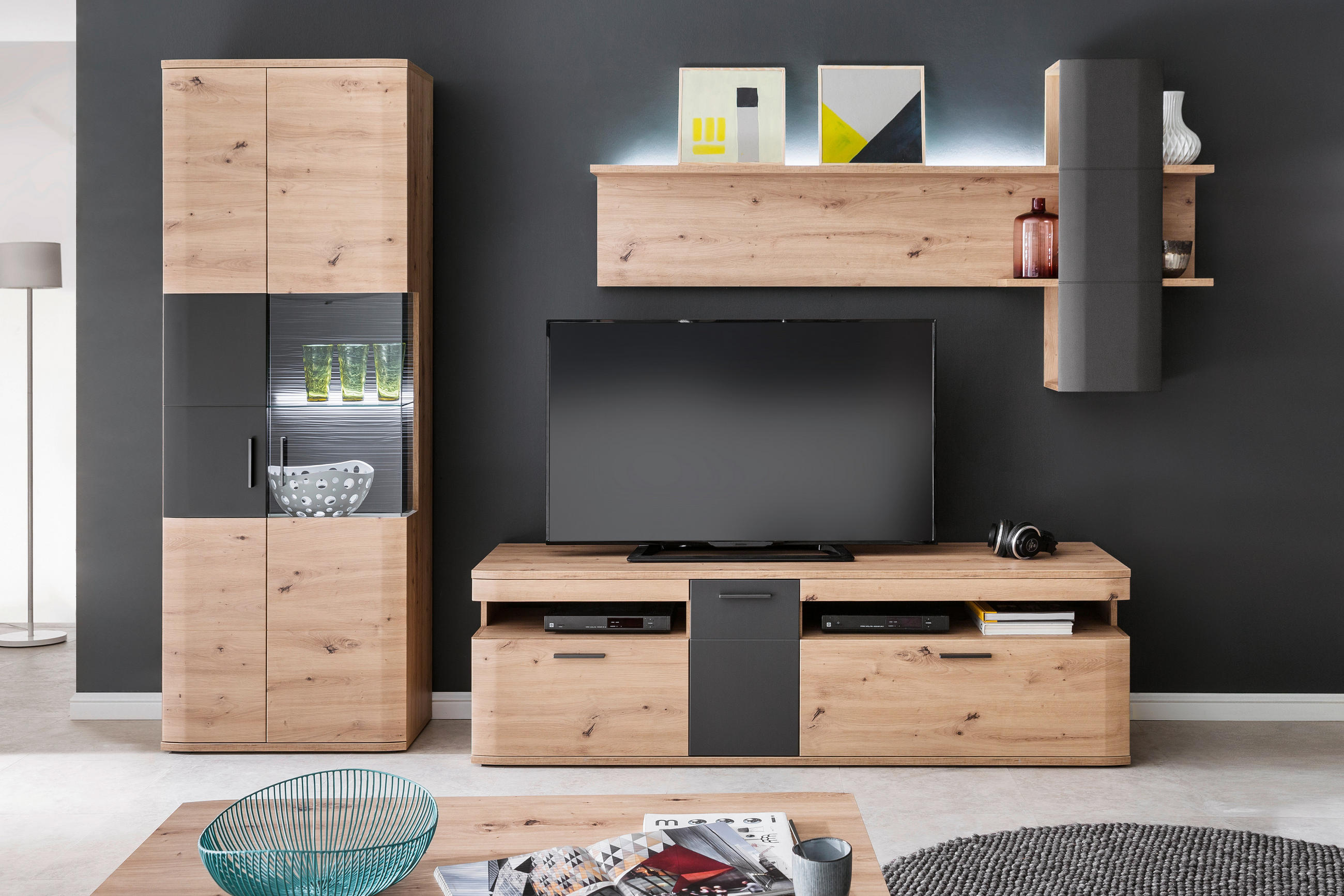 KOMODA POD TELEVIZI, antracitová, barvy dubu, 180/55/50 cm - černá/barvy dubu, Design, kov/kompozitní dřevo (180/55/50cm) - Livetastic