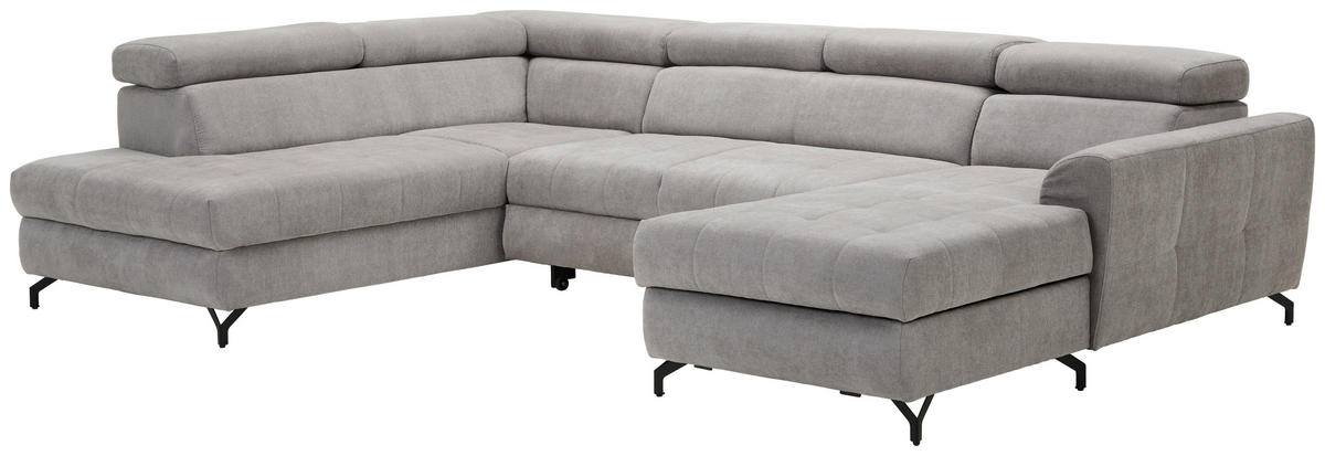 WOHNLANDSCHAFT Hellgrau Struktur  - Hellgrau/Schwarz, Design, Textil/Metall (203/327/177cm) - Stylife