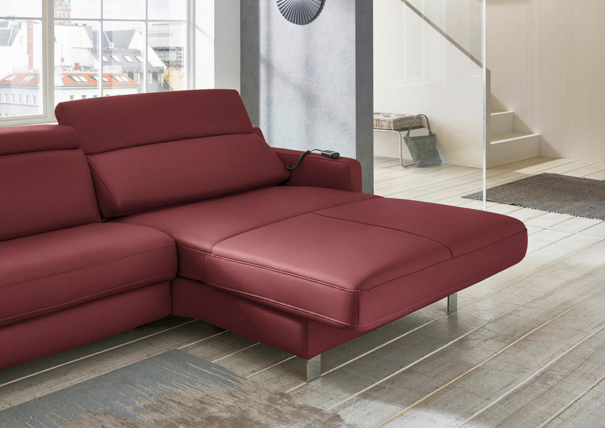ECKSOFA Echtleder Dunkelrot  - Chromfarben/Dunkelrot, Design, Leder/Metall (291/176cm) - Valdera
