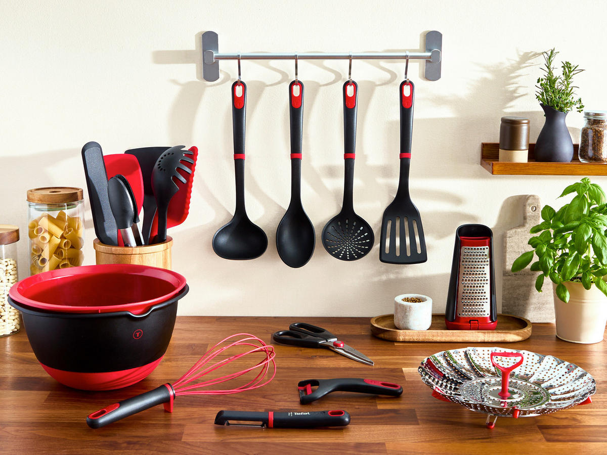 KÜCHENHELFERSET Ingenio  - Graubraun/Rot, Basics, Kunststoff - Tefal