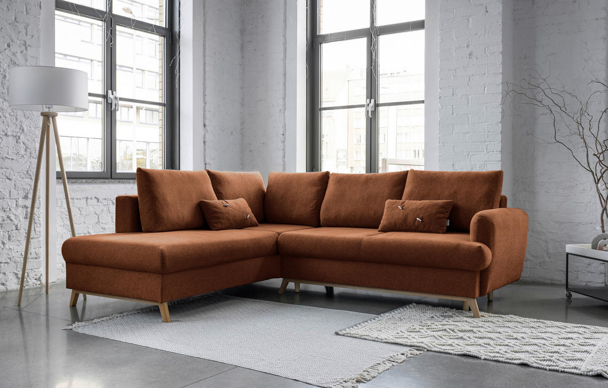 ECKSOFA in Chenille Terracotta  - Terracotta/Naturfarben, Holz/Textil (202/242cm) - MID.YOU