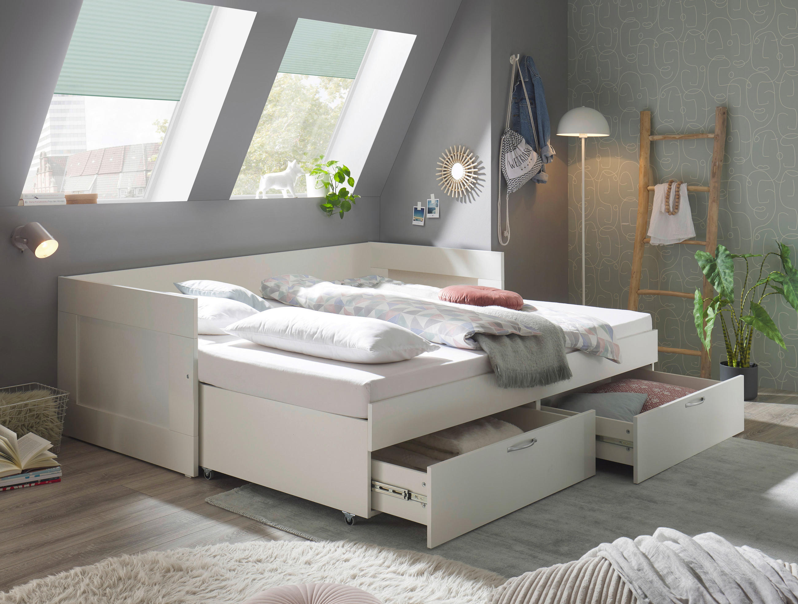 AUSZIEHBETT 90/200 cm  in Weiß  - Buchefarben/Schwarz, KONVENTIONELL, Holz/Holzwerkstoff (90/200cm) - Boxxx