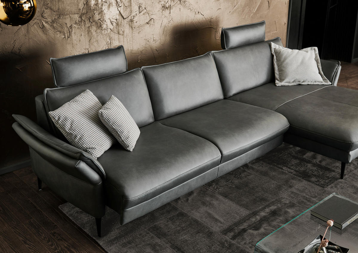 ECKSOFA in Echtleder Anthrazit  - Anthrazit/Schwarz, Design, Leder/Metall (334/172cm) - Hukla