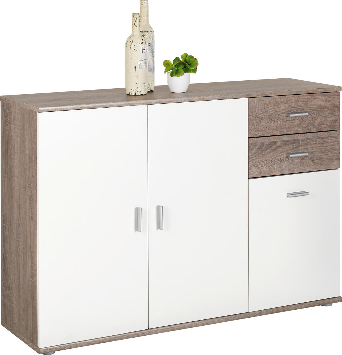 KOMODA, bela, hrast sonoma  - srebrne barve/bela, Design, umetna masa/leseni material (120/82/35cm) - Boxxx