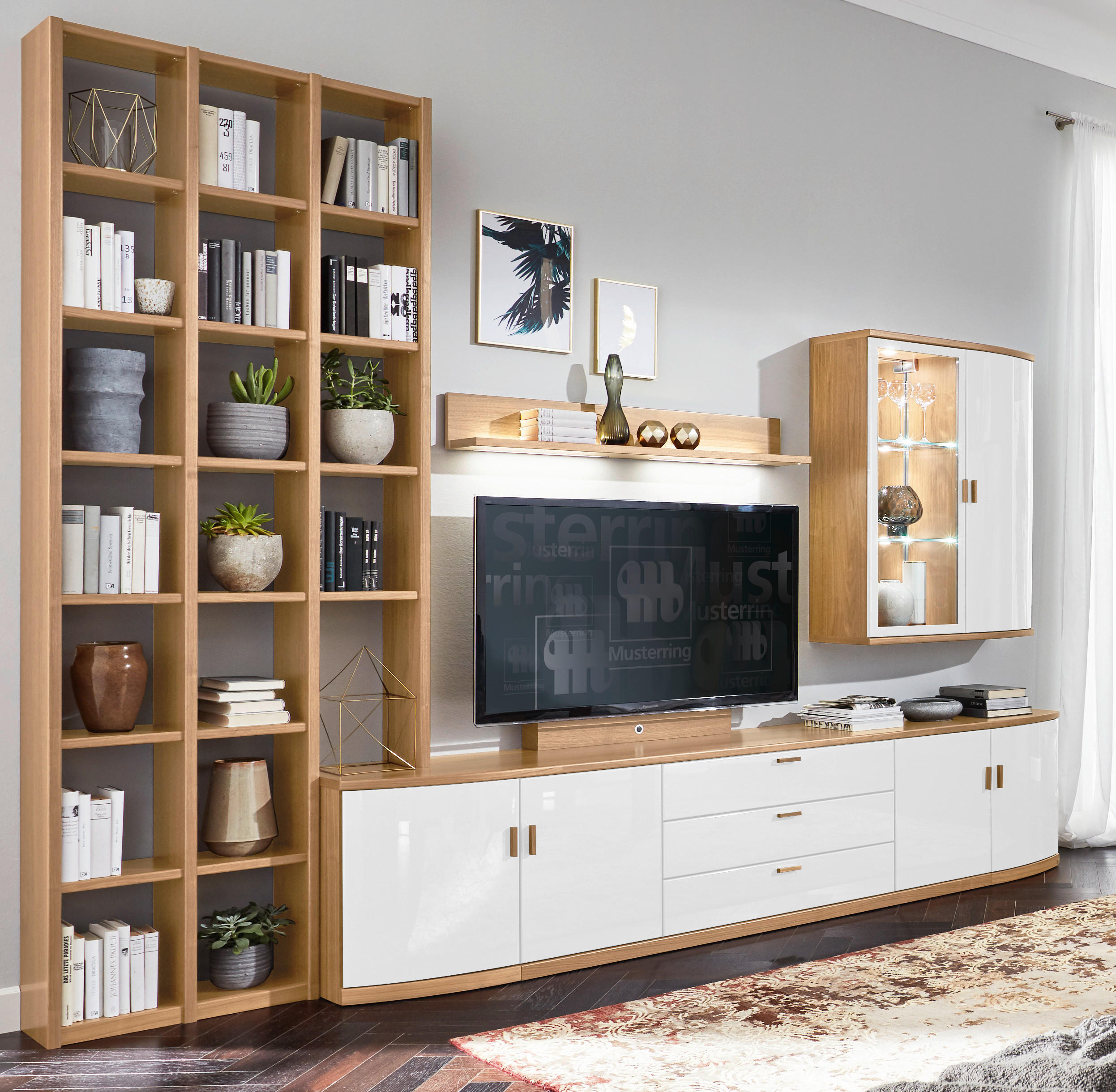 WOHNWAND Kira System  in Weiß, Eichefarben  333/250/49 cm  - Eichefarben/Weiß, Design, Glas/Holz (333/250/49cm) - Musterring