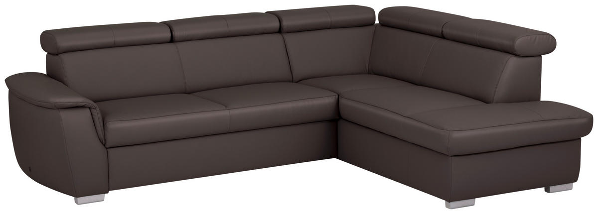 ECKSOFA  in Lederlook Echtleder Dunkelbraun  - Dunkelbraun/Silberfarben, Leder/Holz (262/211cm) - Celina Home