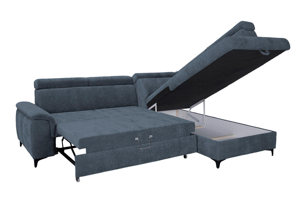 ECKSOFA Dunkelblau Chenille Bettkasten, Schlaffunktion, Rücken echt, Kopfteilverstellung, Liegefläche im Originalstoff  - Schwarz/Dunkelblau, KONVENTIONELL, Textil/Metall (265/206cm) - Carryhome