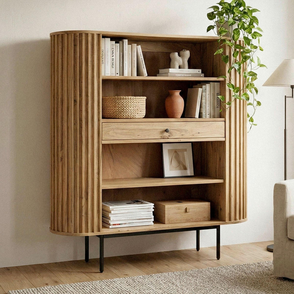 ÁLLÓPOLC 105/122/40 cm akáciaszínű  - akáciaszínű/fekete, Design, fém/fa (105/122/40cm) - Livetastic