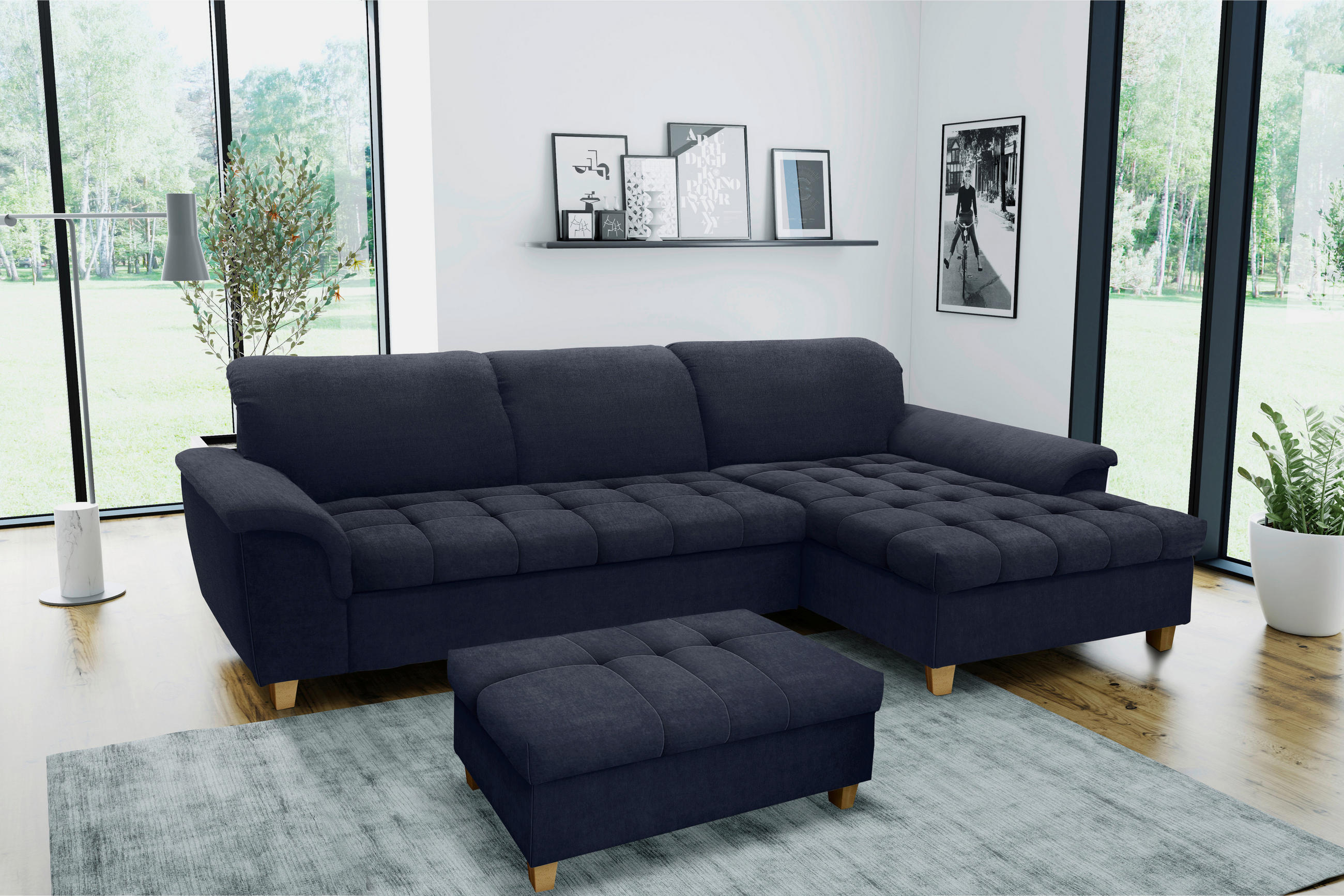 ECKSOFA Dunkelblau Mikrofaser - Eichefarben/Dunkelblau, KONVENTIONELL, Holz/Textil (281/170cm) - MID.YOU
