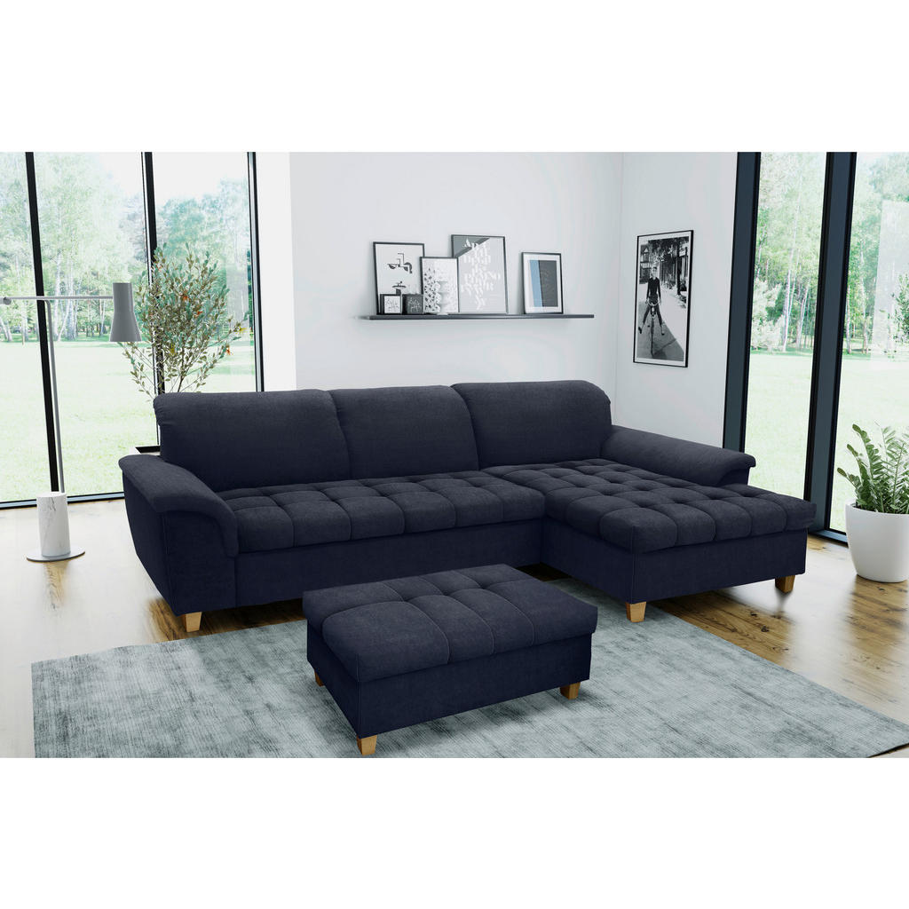 Thumbnail - Mid.you Ecksofa, Dunkelblau, Textil, Eiche, Uni, 3-Sitzer, Ottomane rechts, L-Form, 281x170 cm, Made in EU, FSC Mix, Rüc...