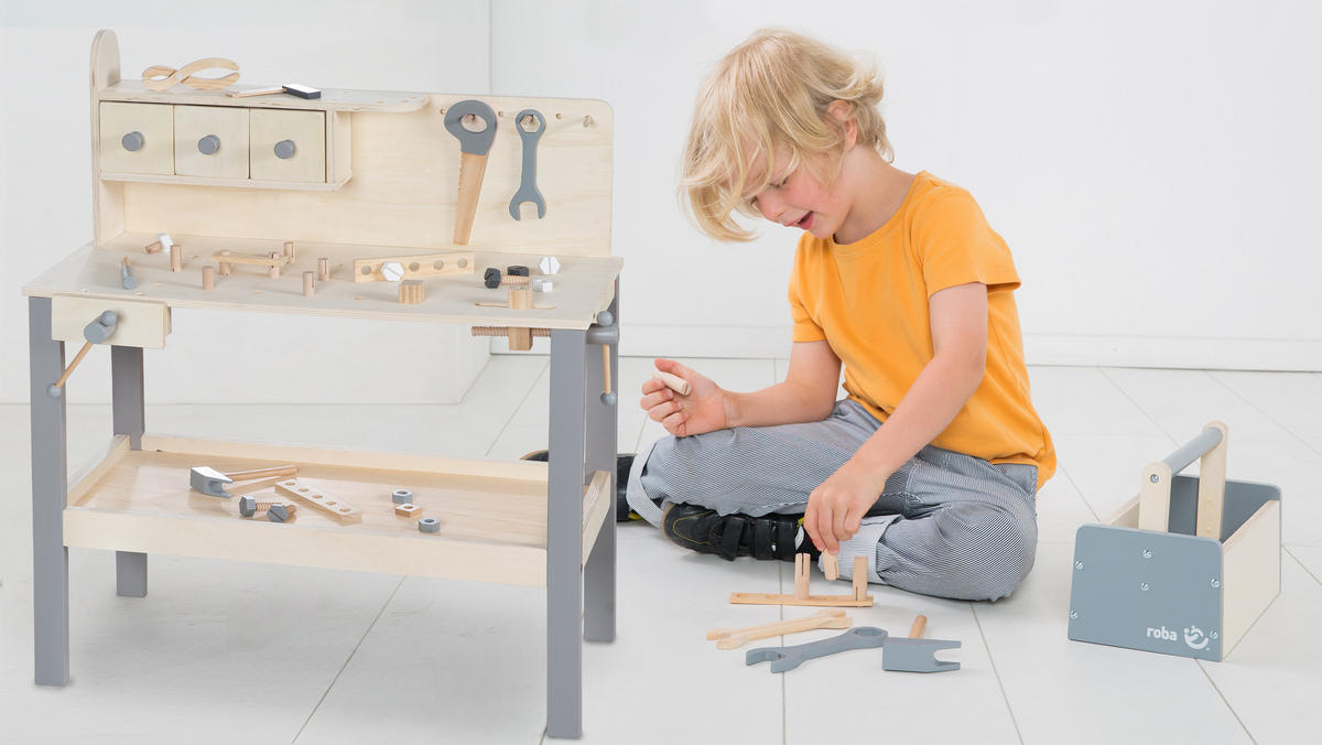 KINDERWERKBANK - Naturfarben/Grau, Basics, Holz/Holzwerkstoff (73/85,5/41cm) - Roba