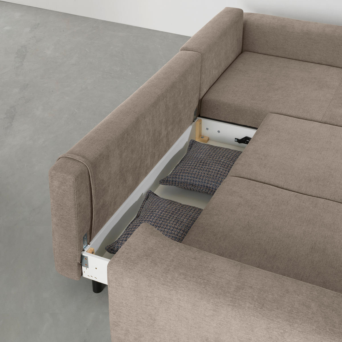 ECKSOFA inkl. Funktionen Greige Webstoff  inkl. Rückenkissen, Bettkasten, Schlaffunktion, Rücken echt  - Wengefarben/Greige, Design, Holz/Textil (314/211cm) - Stylife