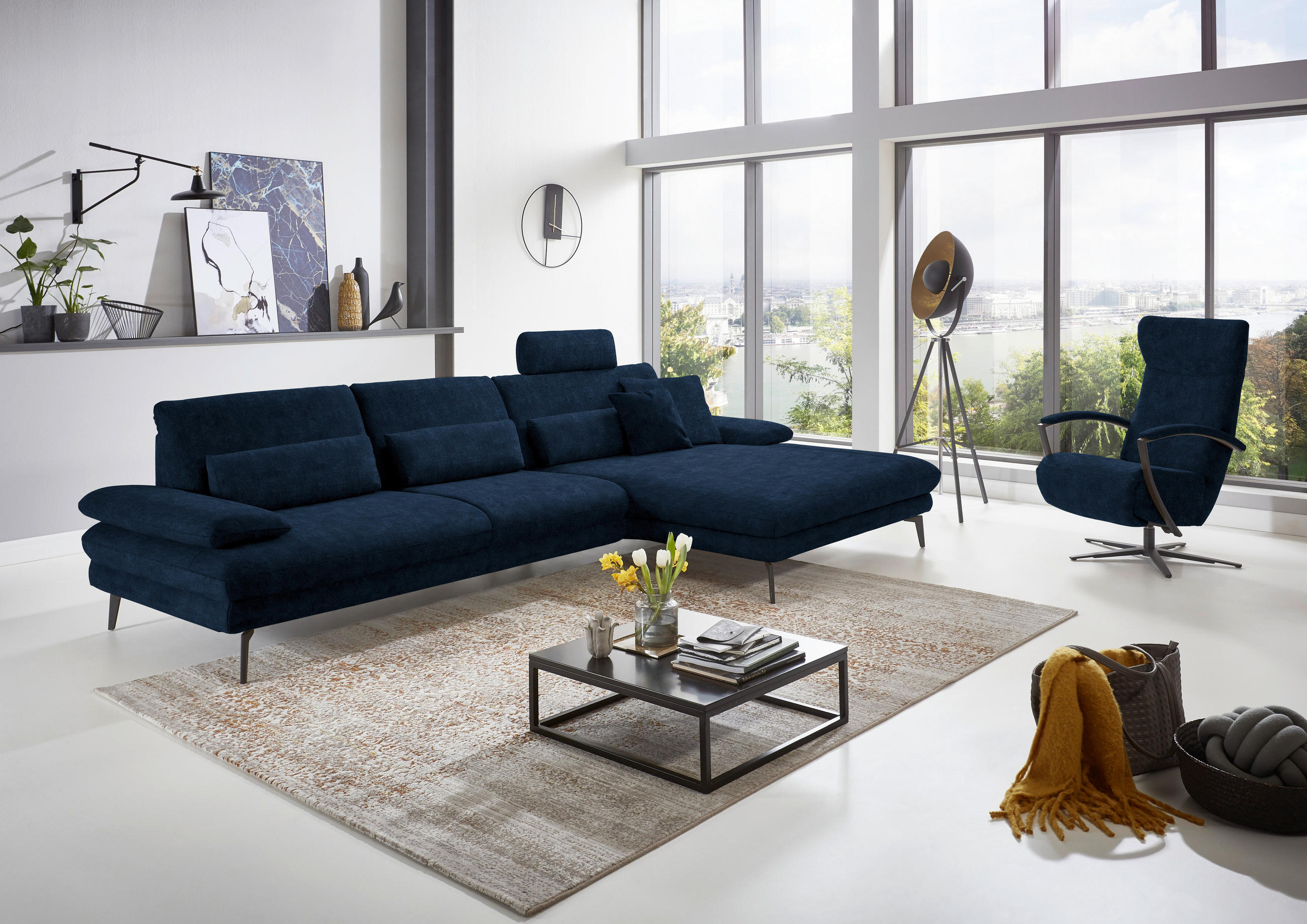 ECKSOFA in Velours Dunkelblau  - Schwarz/Dunkelblau, Design, Textil/Metall (310/180cm) - Dieter Knoll
