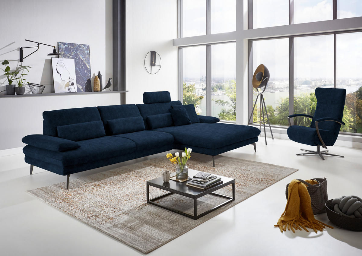 ECKSOFA in Velours Dunkelblau  - Schwarz/Dunkelblau, Design, Textil/Metall (310/180cm) - Dieter Knoll