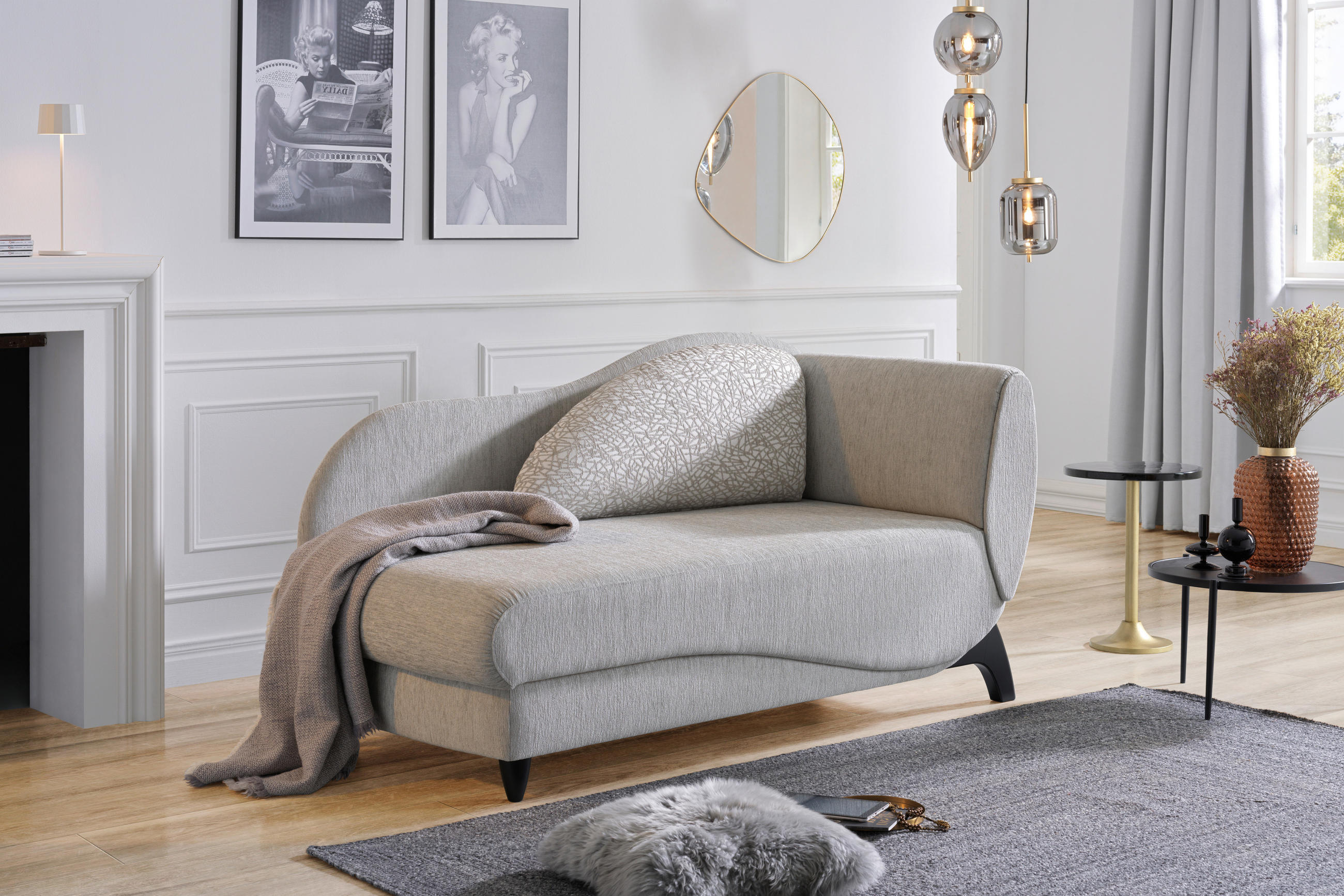 RÉCAMIERE in Webstoff Hellgrau  - Hellgrau/Schwarz, MODERN, Holz/Textil (171-190/87/84cm) - Joka