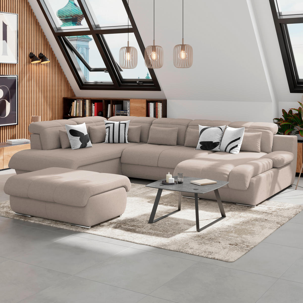 WOHNLANDSCHAFT in Mikrofaser Beige  - Chromfarben/Beige, Modern, Textil/Metall (228/345/184cm) - MID.YOU