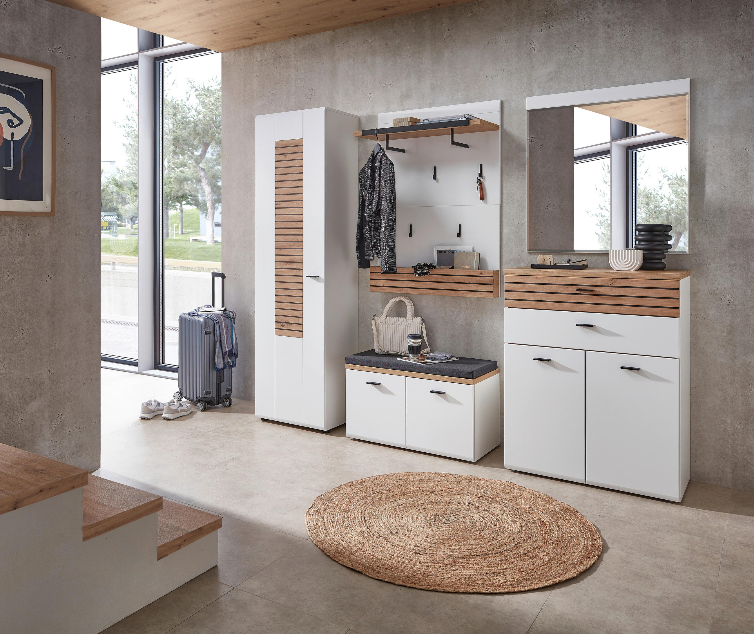 Thumbnail - Livetastic Garderobe Fresno, Schwarz, Weiß, Eiche Artisan, Glas, Holzwerkstoff, 5-teilig, 245x201x40 cm, Garderobe, Gard...