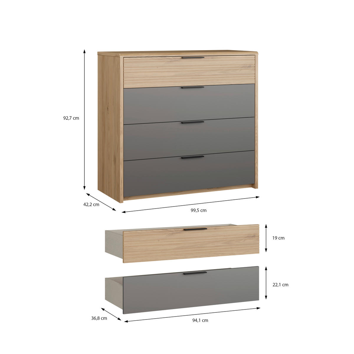 KOMODA   99,5/92,7/42,2 cm   siva, boje hrasta  - siva/boje hrasta, Moderno, drvni materijal/metal (99,5/92,7/42,2cm) - Hom`in