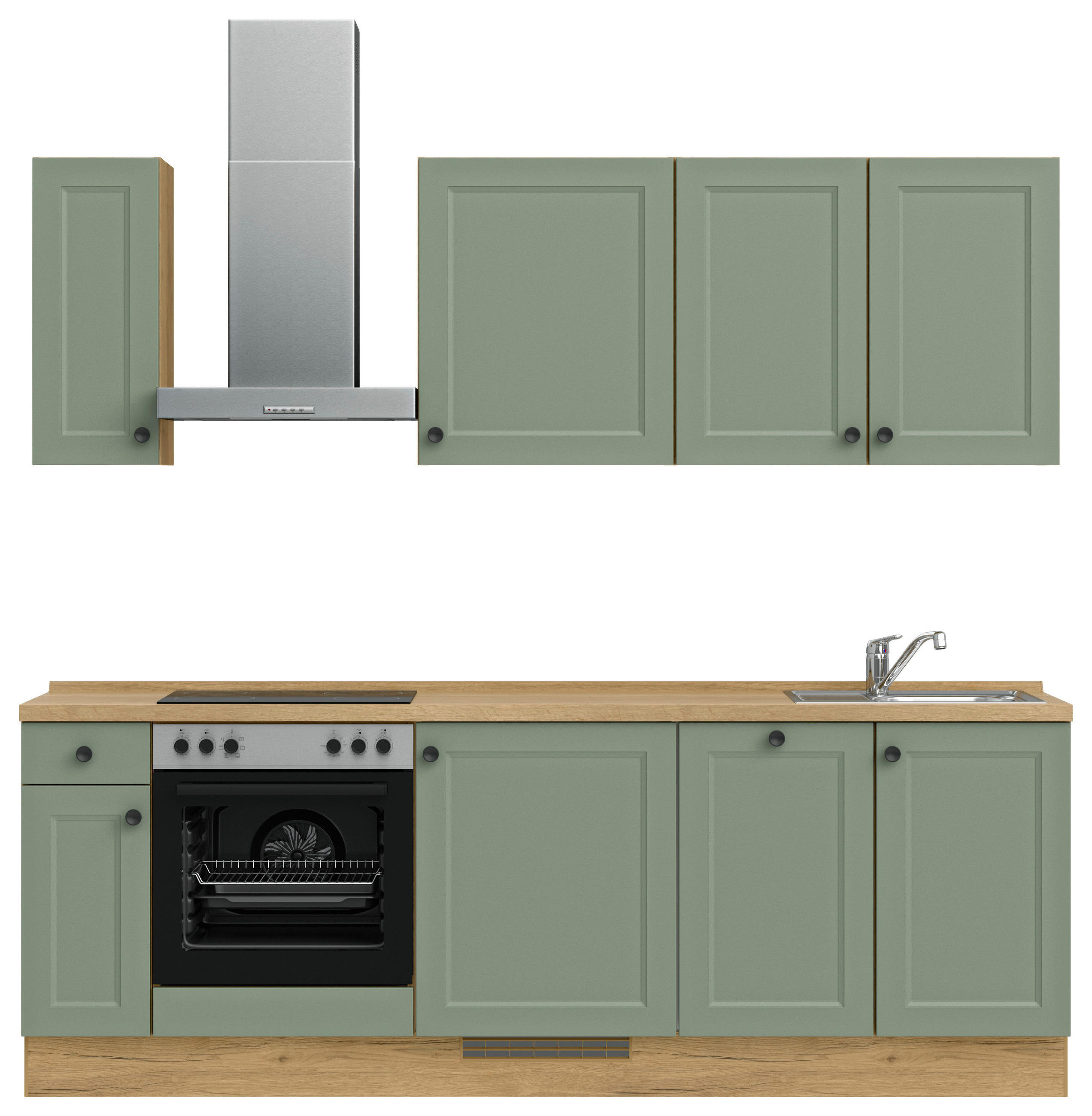 BUCĂTĂRIE FĂRĂ ELECTROCASNICE  - verde/culoare lemn stejar, Modern, metal/material pe bază de lemn (240cm) - Nobilia