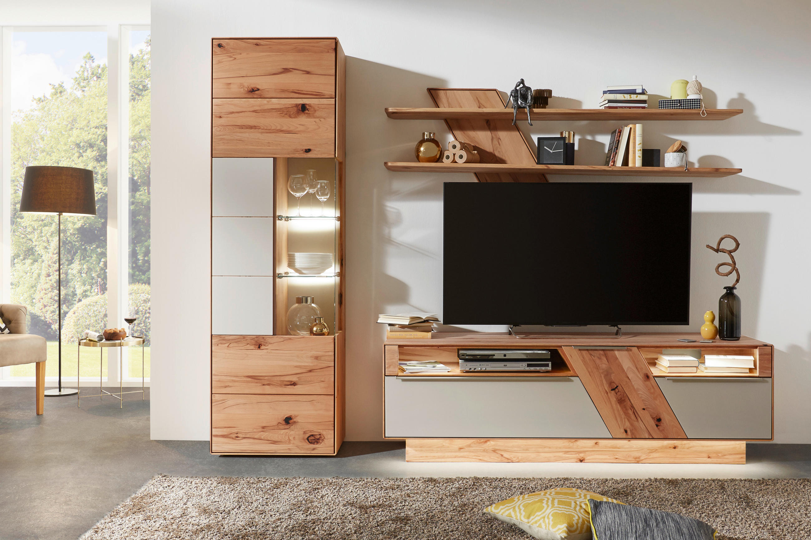 WOHNWAND Sonia  in Weiß, Buchefarben  274/206/54 cm  - Edelstahlfarben/Buchefarben, Design, Glas/Holz (274/206/54cm) - Valnatura