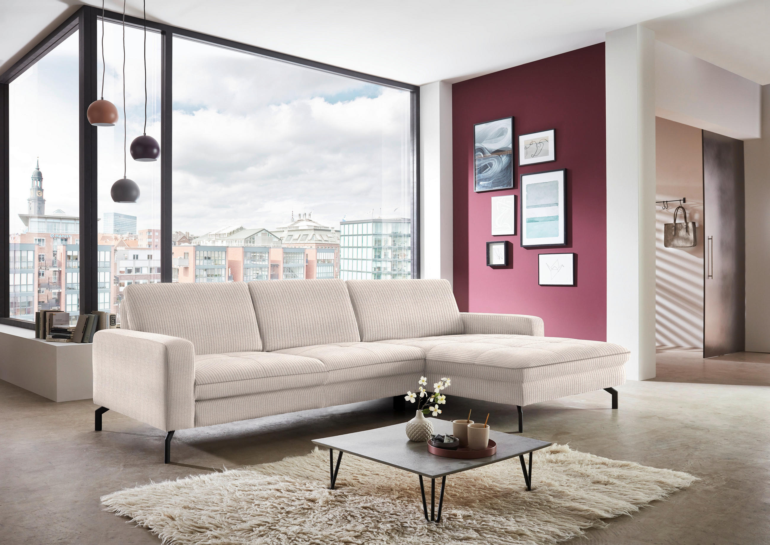 ECKSOFA in Cord Hellbraun  - Hellbraun/Schwarz, Design, Textil/Metall (302/178cm) - Beldomo Style