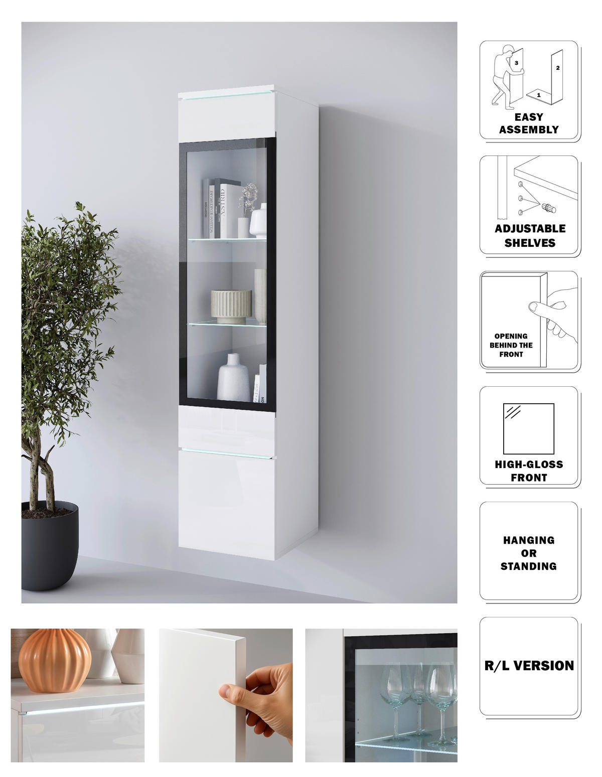 VITRINE  in Weiß, Weiß Hochglanz  - Weiß Hochglanz/Weiß, Design, Glas/Holzwerkstoff (30/130/33cm) - Livetastic