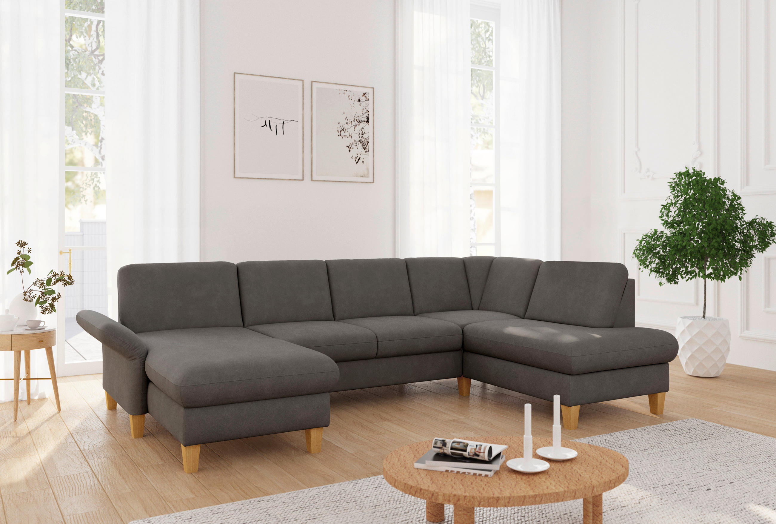 WOHNLANDSCHAFT Graphitfarben Flachgewebe  - Eichefarben/Graphitfarben, KONVENTIONELL, Holz/Textil (164/314/195cm) - Sit & More
