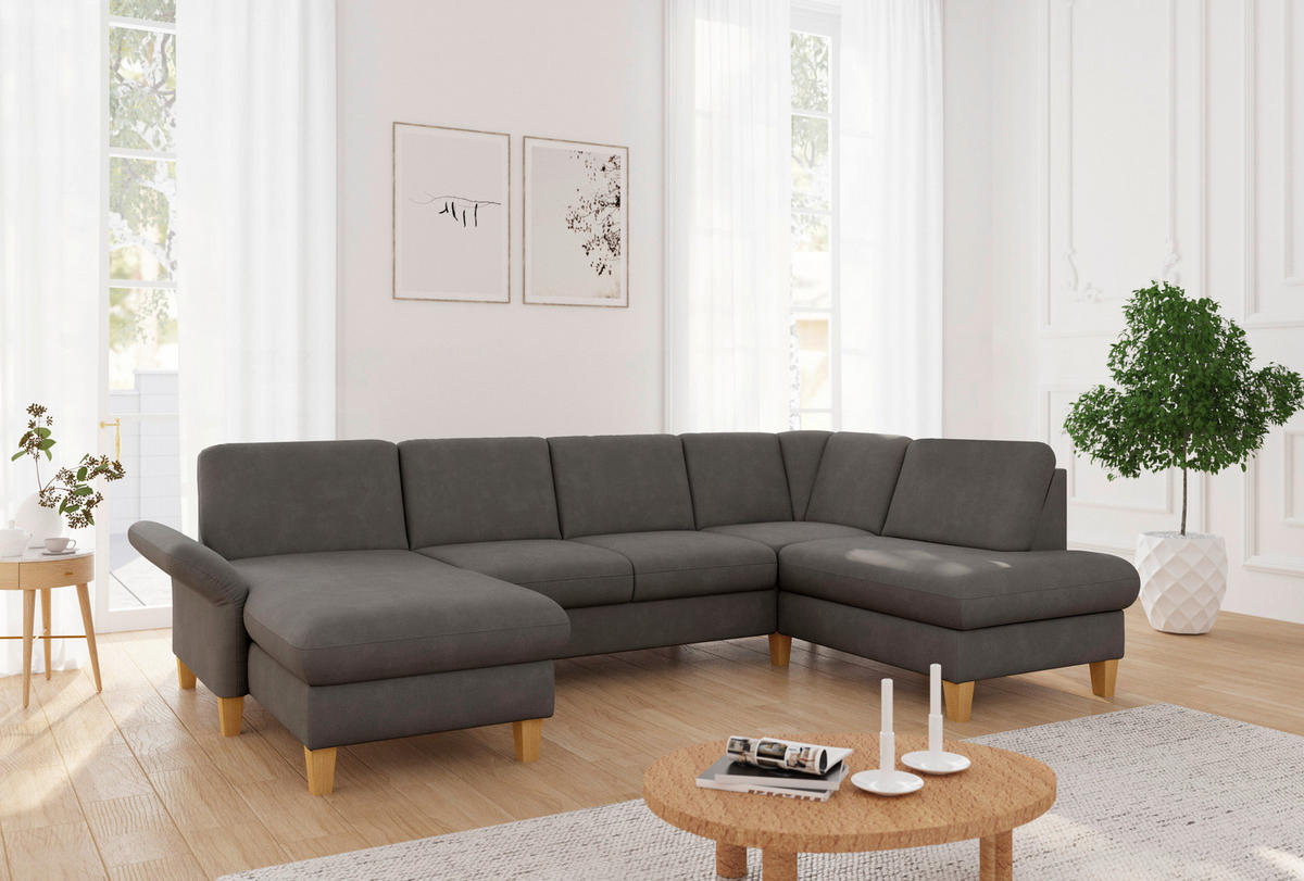 WOHNLANDSCHAFT Graphitfarben Flachgewebe  - Eichefarben/Graphitfarben, KONVENTIONELL, Holz/Textil (164/314/195cm) - Sit & More