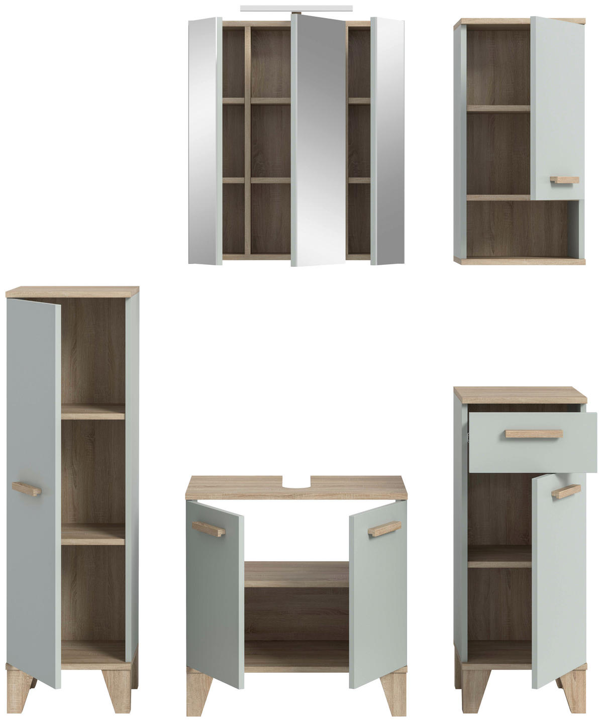 BADEZIMMER 6-teilig 128 cm  - Eiche San Remo/Graugrün, Modern, Holzwerkstoff/Kunststoff (128cm) - MID.YOU