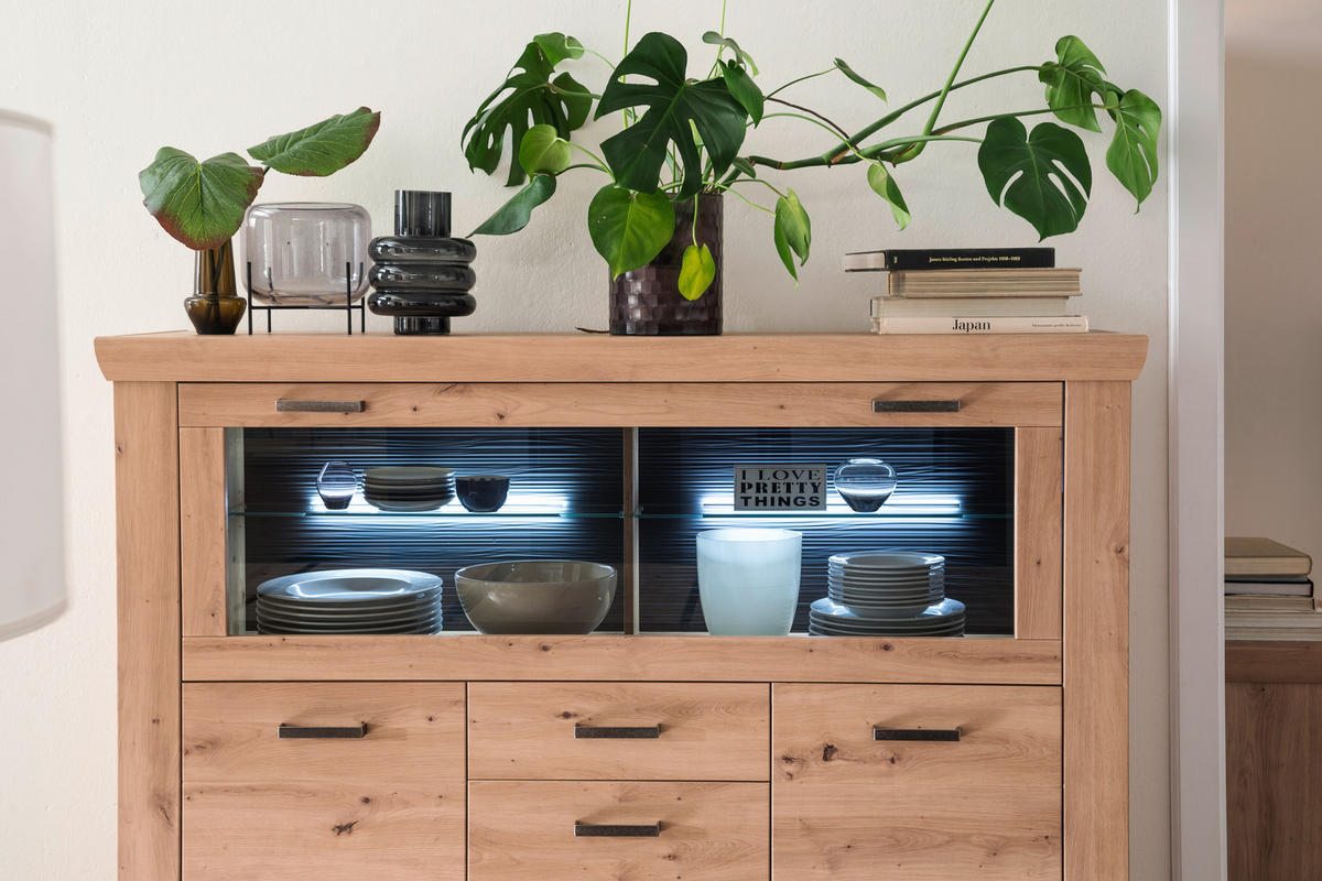 HIGHBOARD ohne Beleuchtung, Maputo  in 164/146/45 cm  - Eichefarben/Anthrazit, Design, Glas/Holzwerkstoff (164/146/45cm) - Livetastic