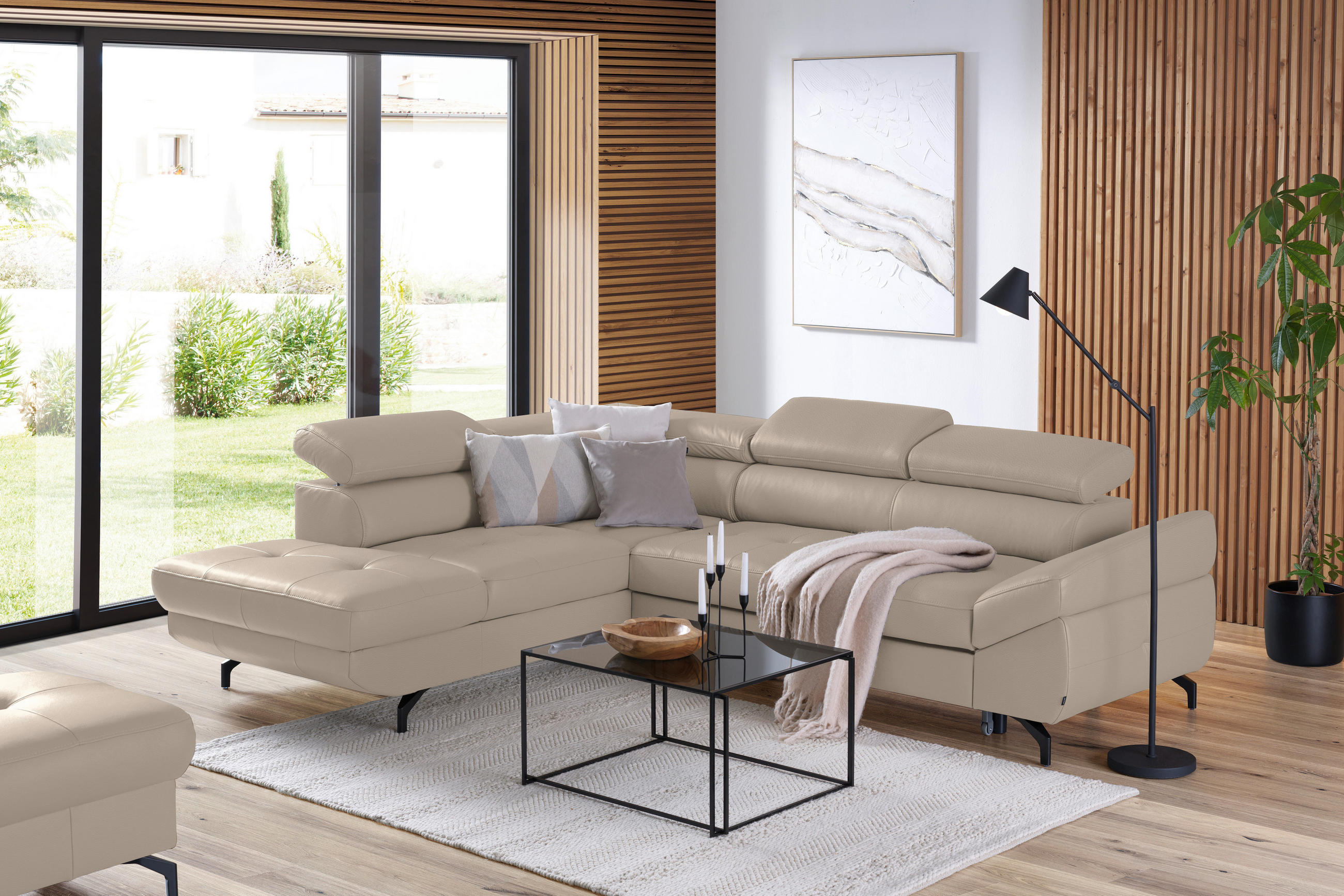 ECKSOFA in Echtleder Creme  - Creme/Schwarz, Design, Leder/Metall (220/270cm) - Novel
