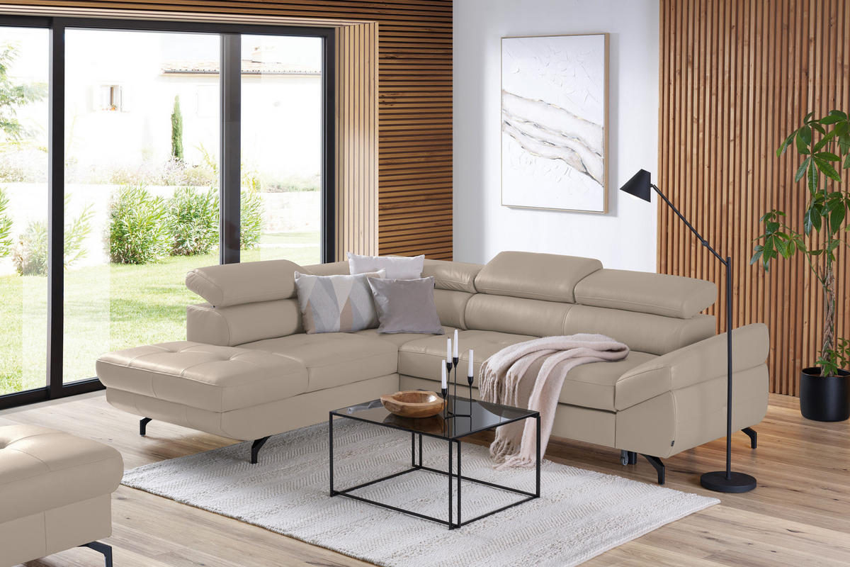 ECKSOFA in Echtleder Creme  - Creme/Schwarz, Design, Leder/Metall (220/270cm) - Novel