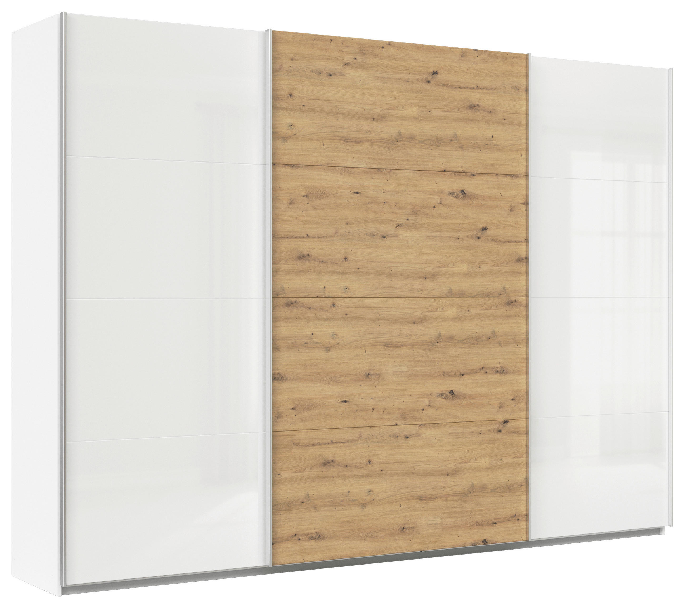 SCHWEBETÜRENSCHRANK in Weiß, Eiche Artisan, Weiß Hochglanz - Weiß Hochglanz/Alufarben, KONVENTIONELL, Holzwerkstoff/Metall (315/210/62cm) - Xora