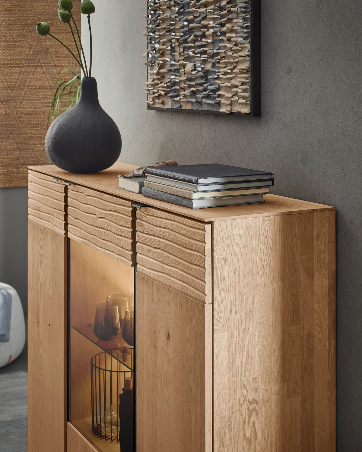 HIGHBOARD Eichefarben  139/127/44 cm  - Eichefarben/Anthrazit, Natur, Glas/Holz (139/127/44cm) - Valnatura