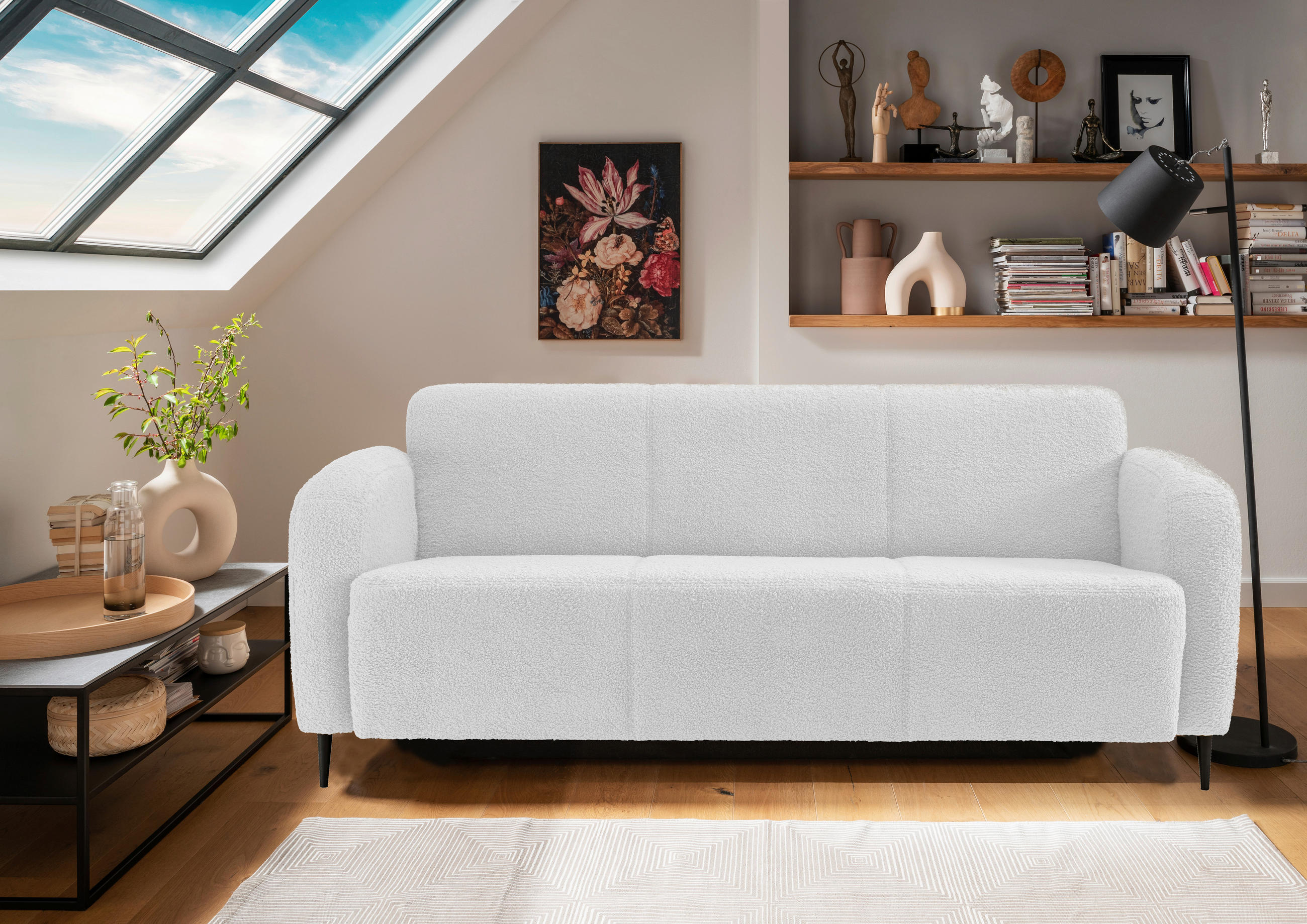 3-SITZER-SOFA in Teddystoff Weiss - Weiss/Schwarz, Modern, Textil/Metall (180/76/90cm) - Livetastic