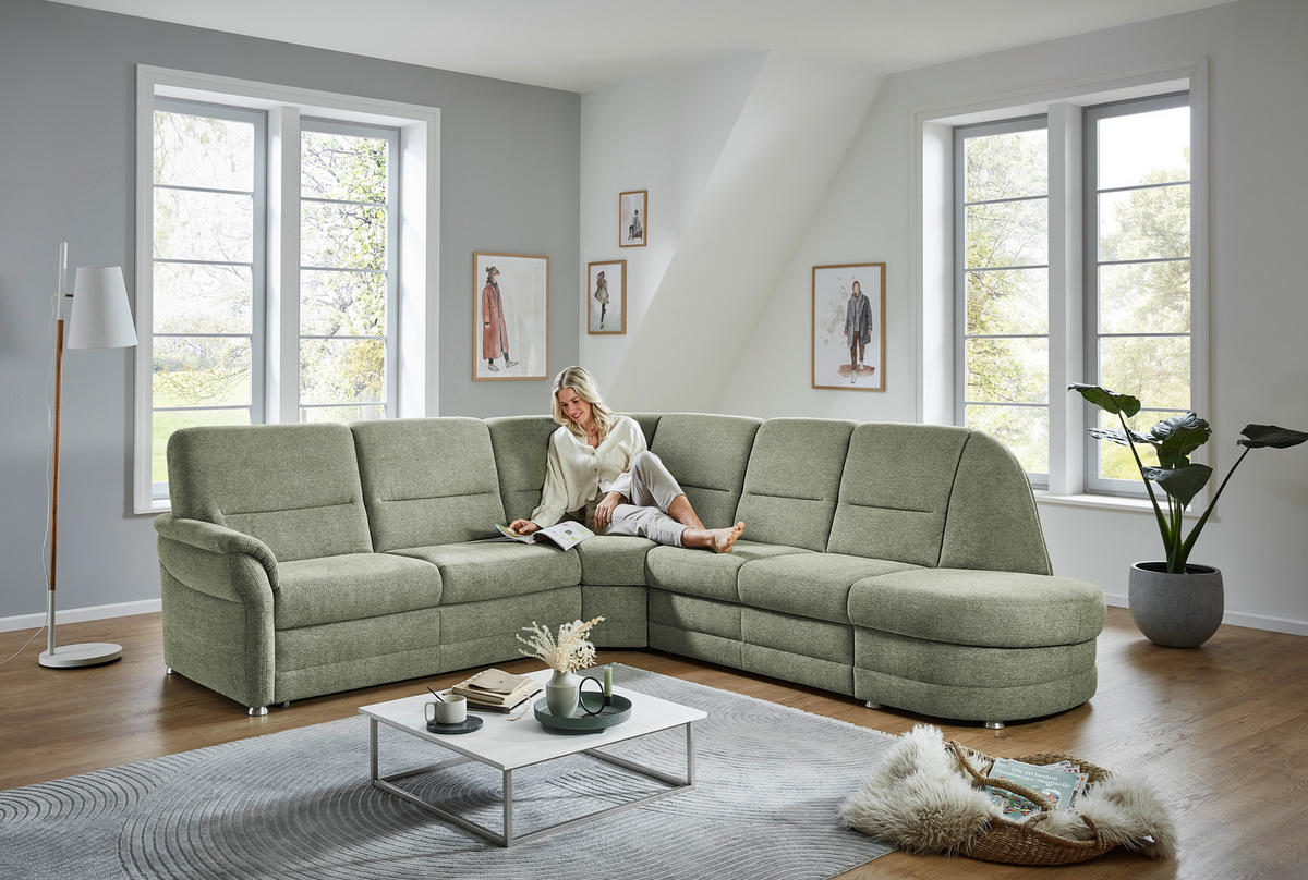 ECKSOFA  in Makramee Grün  - Alufarben/Grün, KONVENTIONELL, Textil/Metall (253/273cm) - Beldomo Comfort