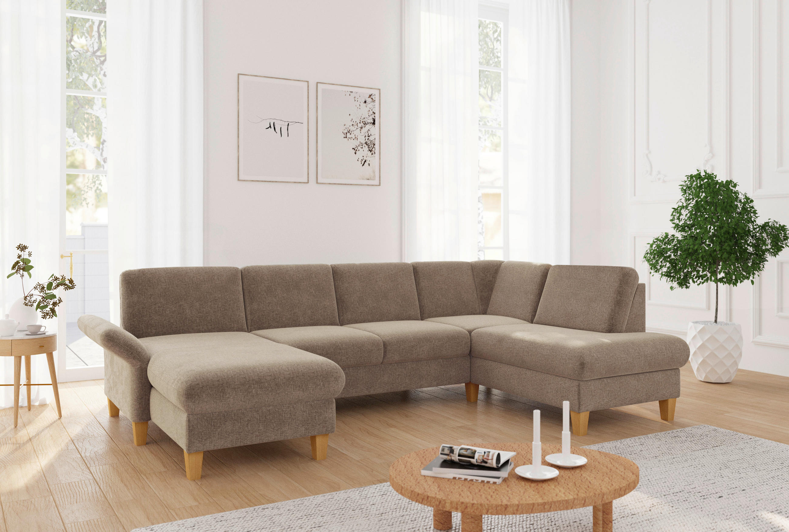 WOHNLANDSCHAFT Hellbraun Flachgewebe  - Hellbraun/Eichefarben, KONVENTIONELL, Holz/Textil (164/314/195cm) - Sit & More